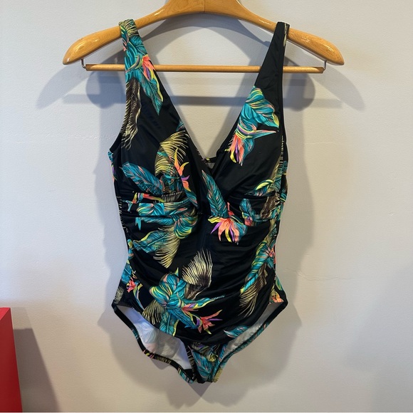 NWT Aqua Green UPF 50 V-Neck Ruched One Piece Swimsuit - Black Tropical Print 14 - Picture 4 of 6